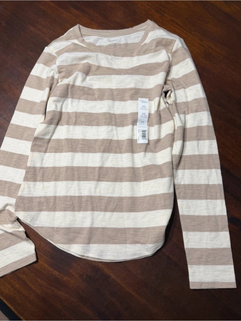 Striped Long-Sleeve Crewneck Top in Beige and Cream